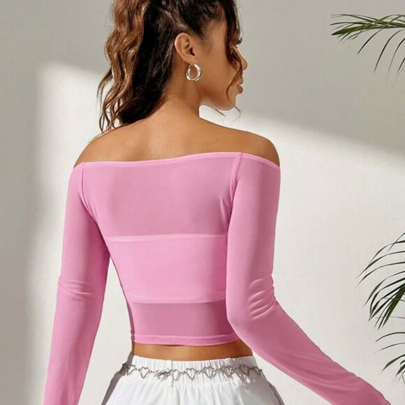 Sheer Pink Off-the-shoulder Long Sleeve Top - Picture 3 of 7